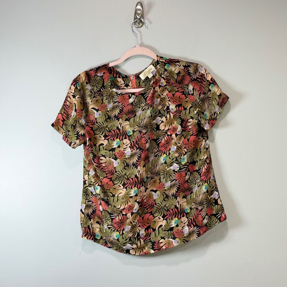 Goldie London Womens Tropical Parrot Palm Leaf Print Back Zip Blouse S/M